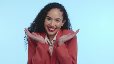wow, excited and face of a woman in isolated
