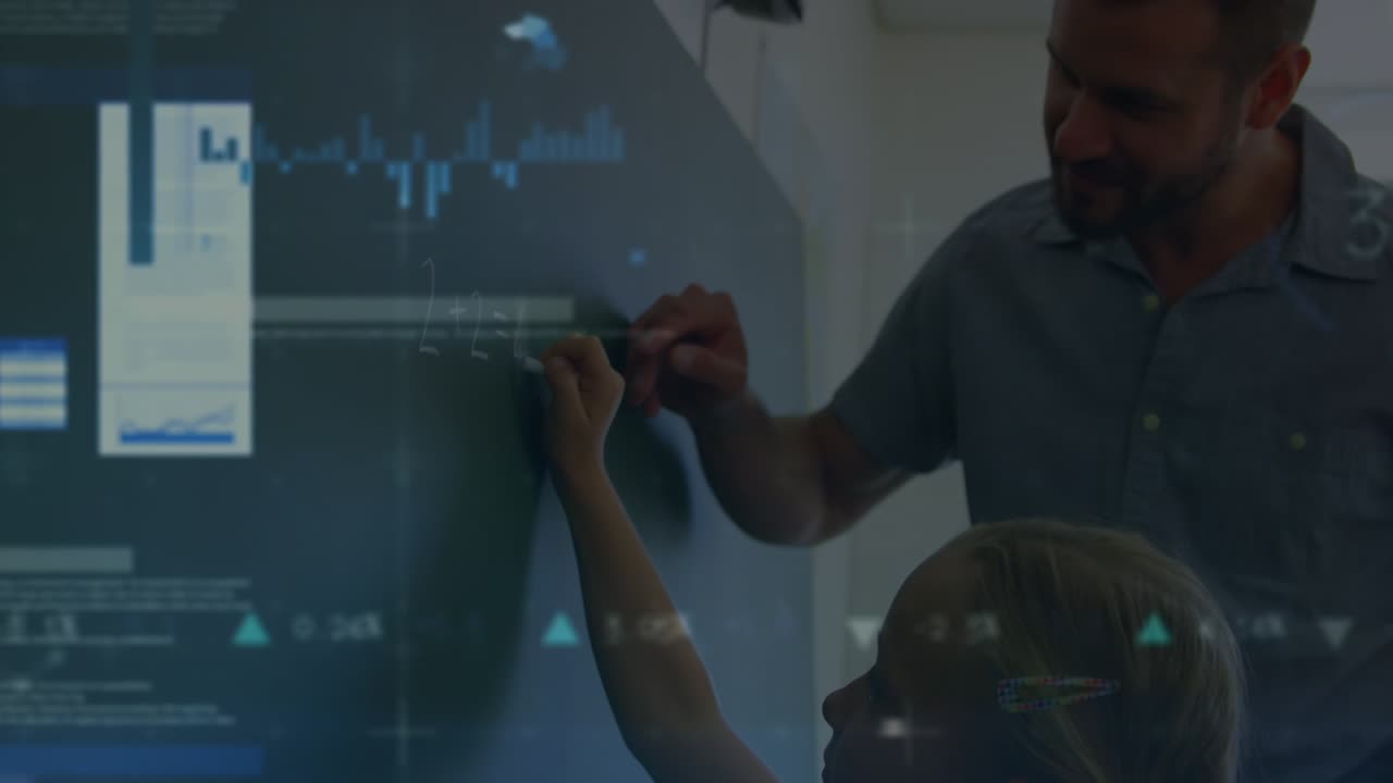 Animation of data processing over businessman using tablet