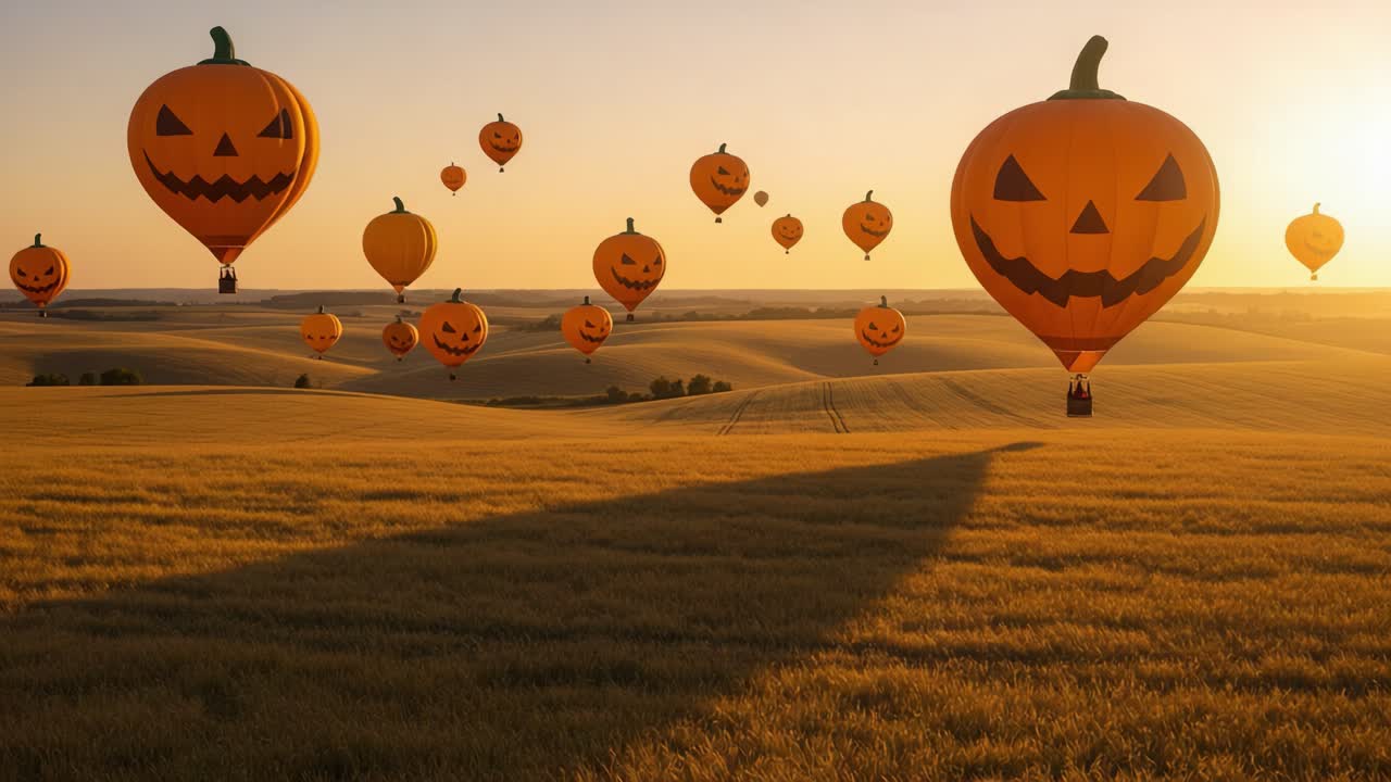 A Spooky and Scenic Display of Halloween-themed Hot Air Balloons at Sunset, Floating Over a Golden Wheat Field, Capturing the Magic of Autumn Celebrations