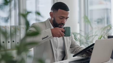 Businessman,-drink-and-research-on-tablet