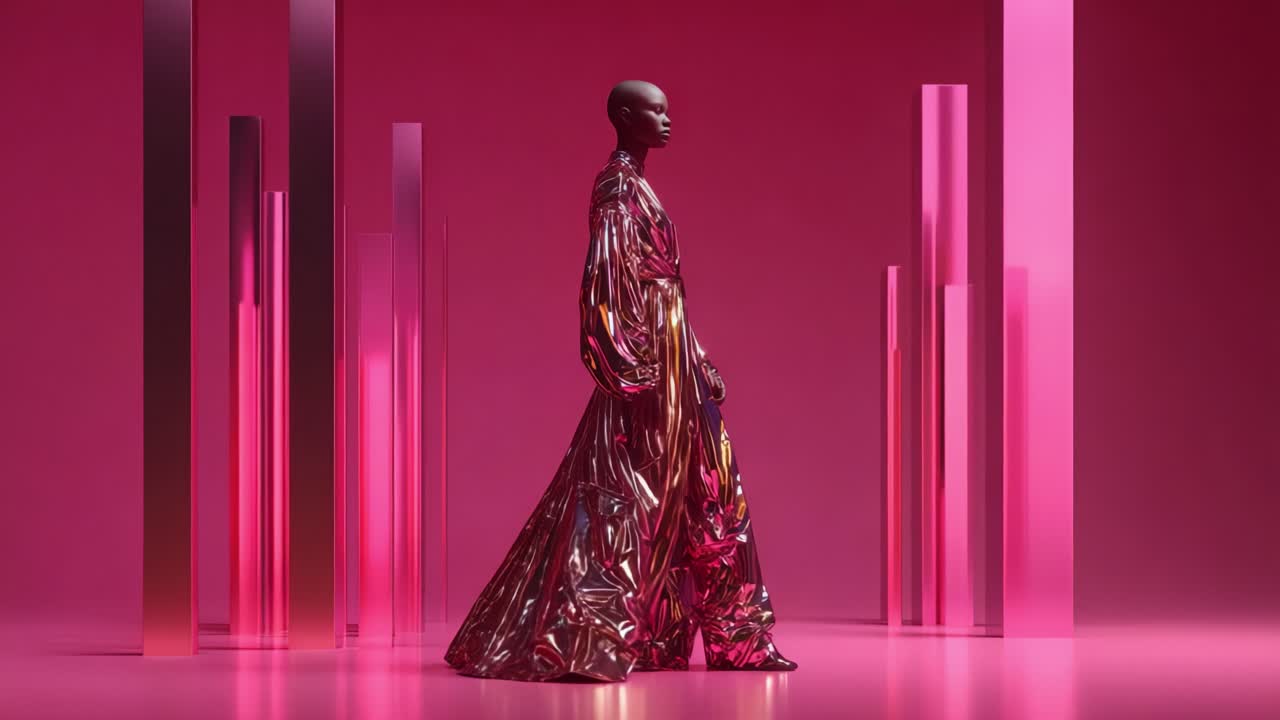 Astonishing runway moment featuring a model in a stunning metallic pink gown, gracefully posed amidst a vibrant backdrop of shimmering geometric structures and reflections