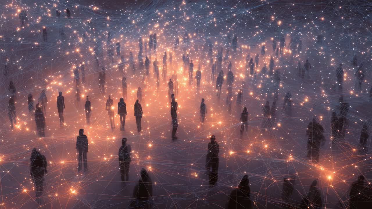 A Mystical Exploration of a Networked Existence: A Dreamlike Scene Depicting Silhouettes of People Interwoven with Glowing Connections, Illuminating a Shared Space Filled with Light and Apparent Energy