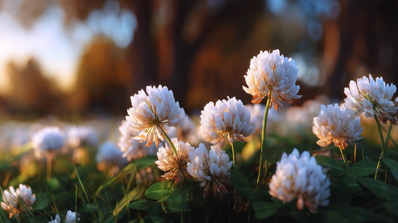 Captivating View of Blooming White Clover Flowers Bathed in Golden Sunset Light, Showcasing Nature's Beauty and Serenity in a Tranquil Landscape