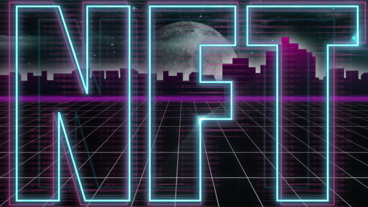 Banner di testo NFT al neon su rete a griglia con paesaggio urbano e luna nello spazio