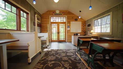 wide push in of a vintage style school house classroom