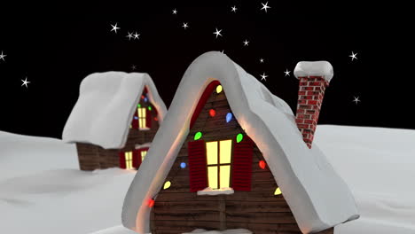 animation of stars floating over houses on winter landscape against black background