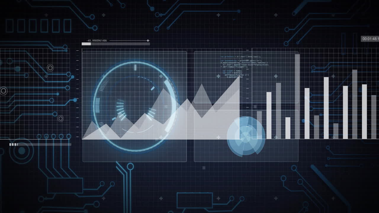 Animation of digital graphs and charts showing data analysis on circuit board