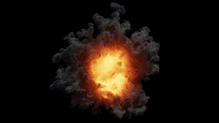 Dynamic Fiery Explosion with Smoke on Black Background