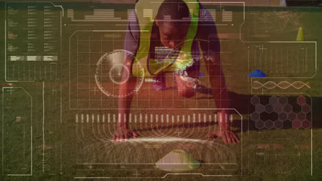 animation of data processing over african american football player in background