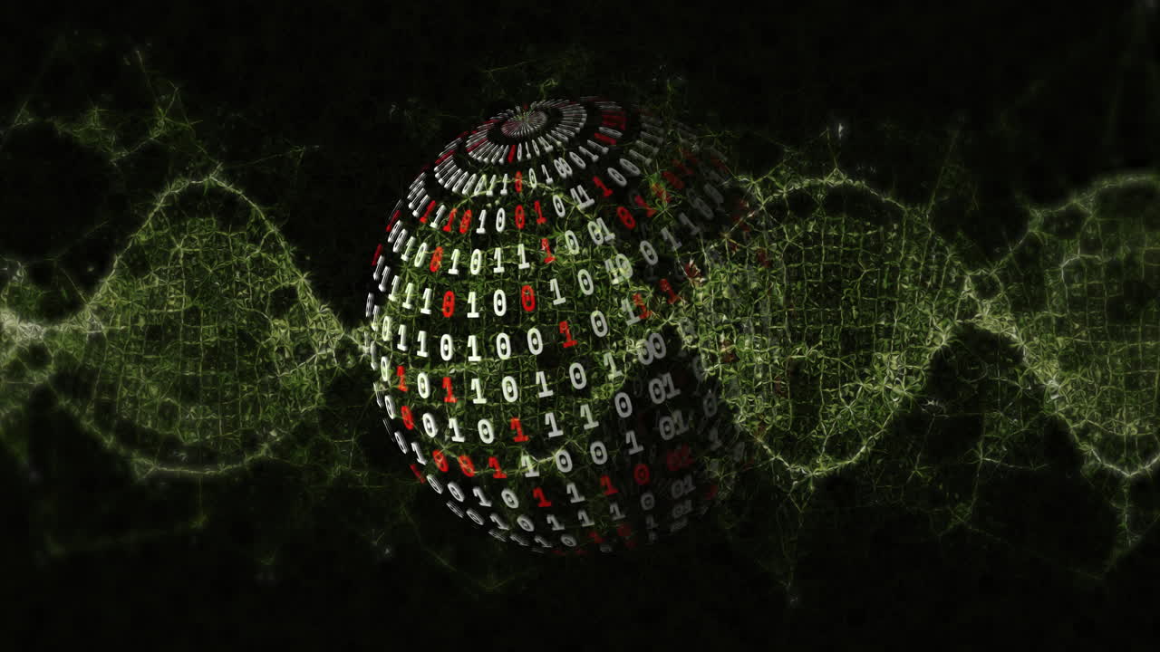 Animation of digital network connections forming binary code sphere in tech design