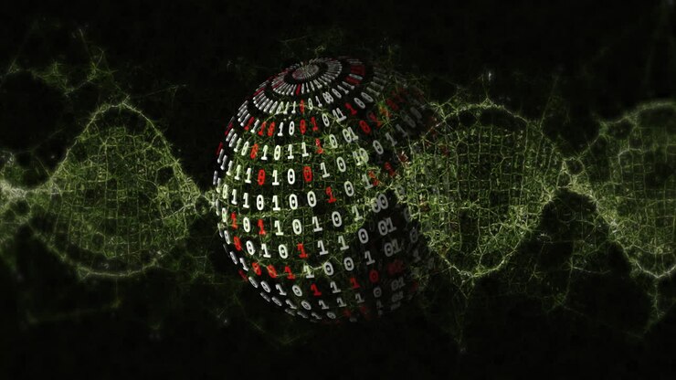 Animazione di connessioni di rete digitali che formano una sfera di codice binario in un design tecnologico.