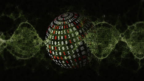Animation of digital network connections forming binary code sphere in tech design