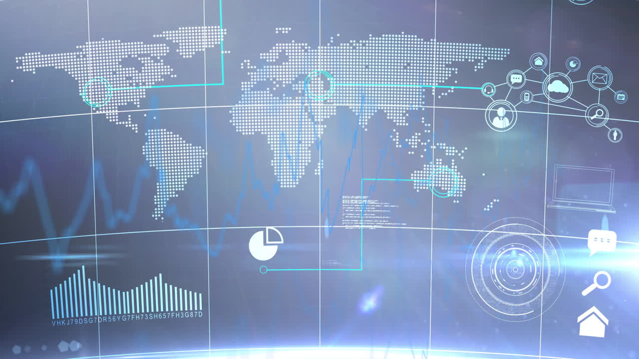 Animation of digital world map with data charts and futuristic interface elements