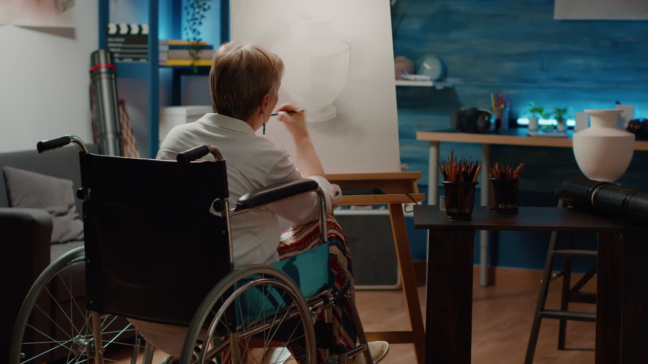 Senior woman with physical impairment drawing vase on canvas