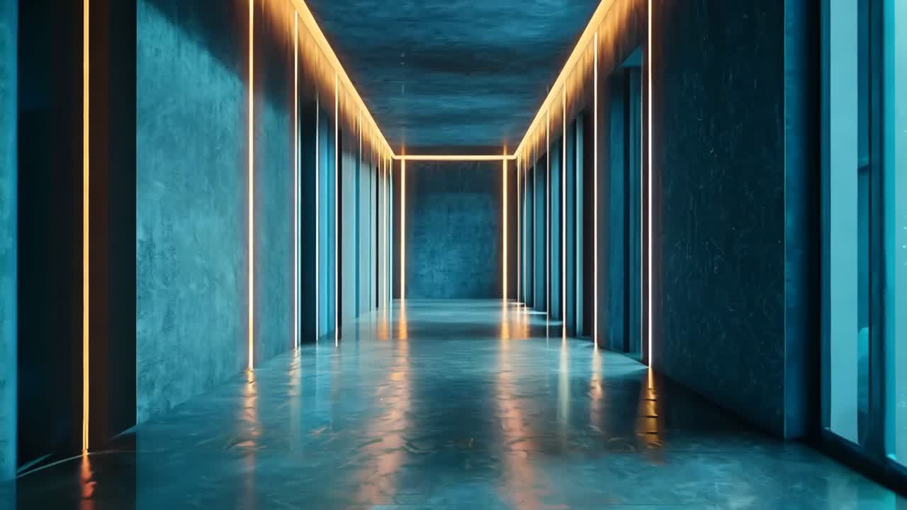 un largo pasillo con paredes azules y pisos en un edificio