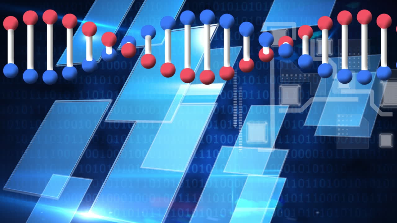 파란색 배경에 있는 사각형 모양의 디자인과 이진 코딩에 대항하여 회전하는 dna 구조
