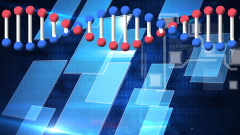 estructura de adn girando contra el diseño de forma cuadrada y codificación binaria en fondo azul