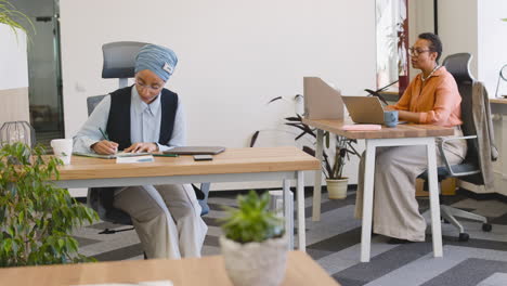 muslim businesswoman and businesswoman are working sitting on their desk in the office