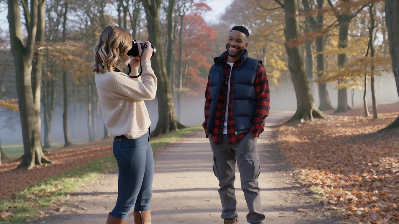Mulher fotografando, levantando uma DSLR e capturando um homem sorrindo em um caminho no parque, com colete acolchoado e botas de cano alto.