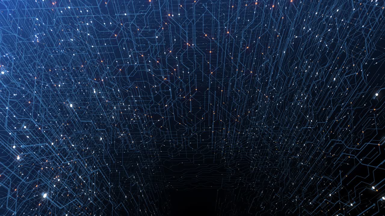 4K seamless loop of print circuit technology cyber and futuristic concept. Circuit Board with moving electrons. CPU processing Data. Futuristic HUD technology Screen Data animation.