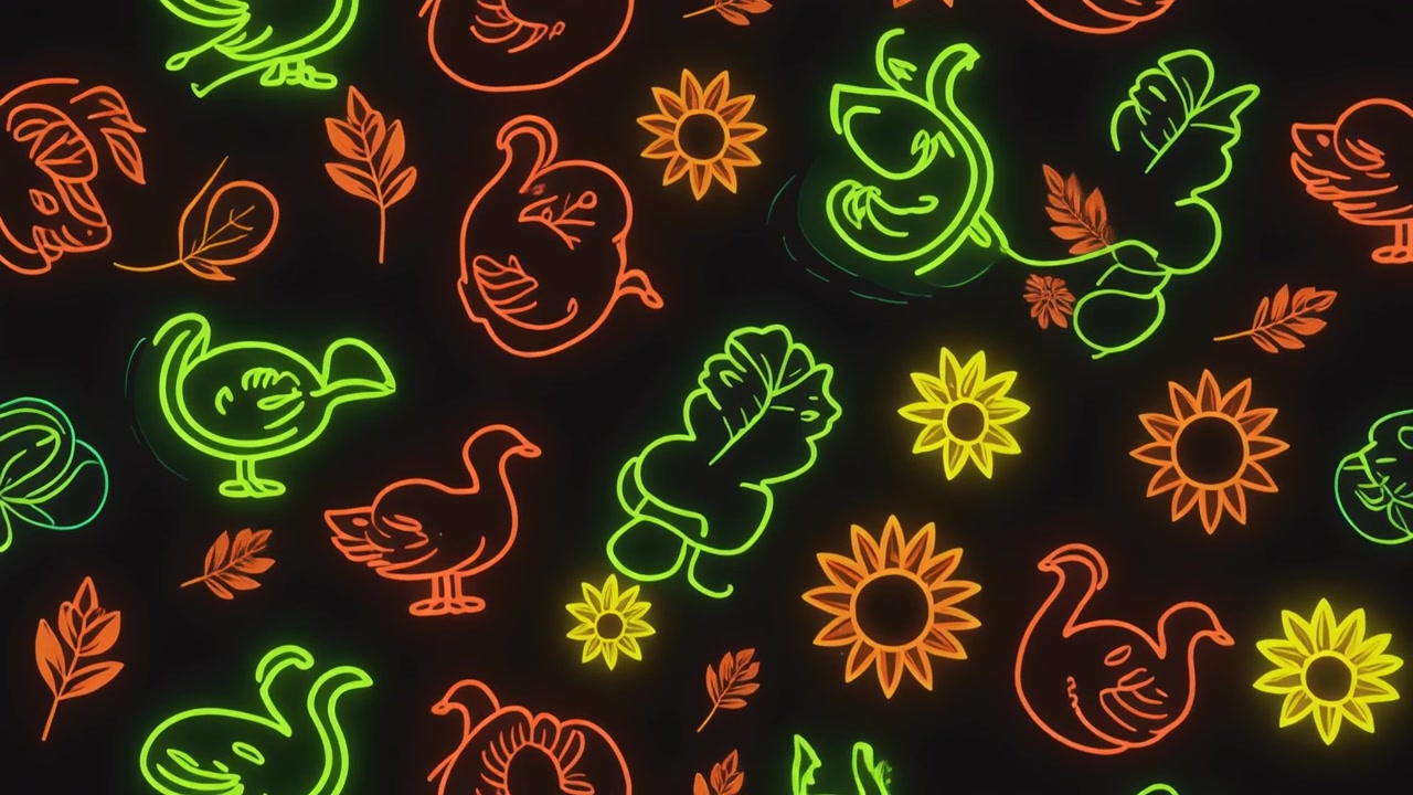 Animated Neon Pattern with Ducks and Flowers on Dark Background