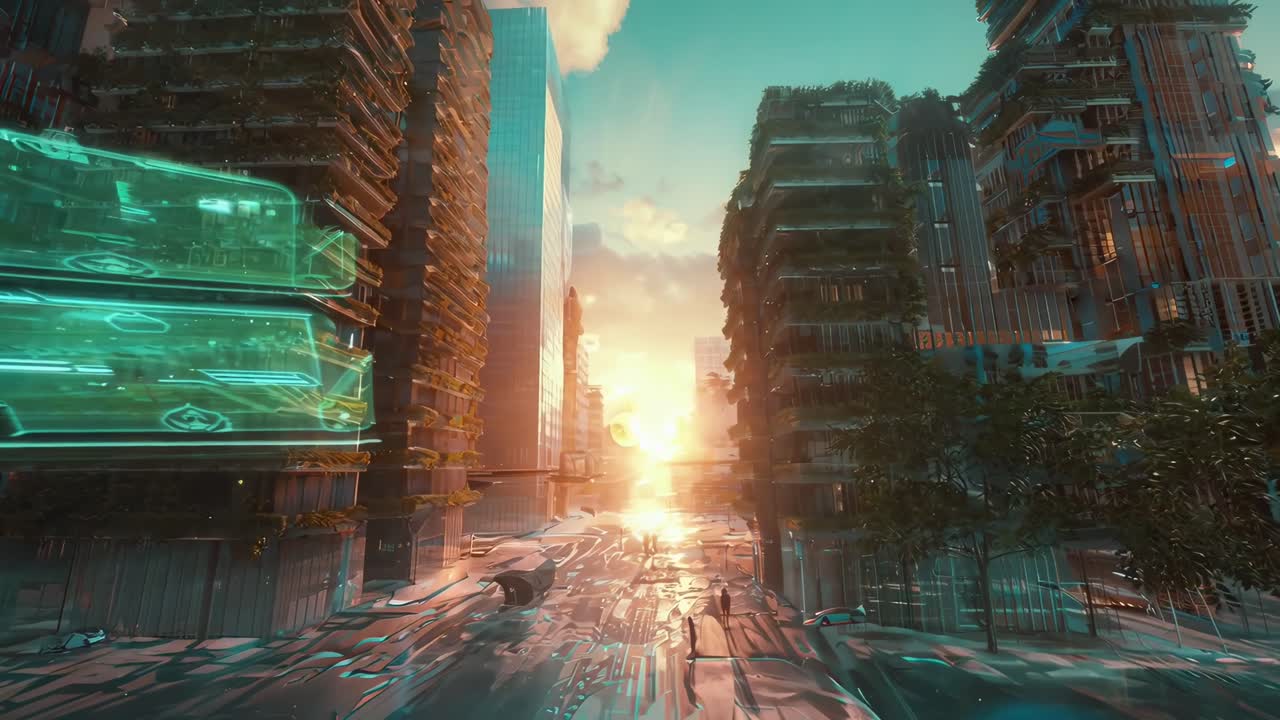 Video de paisaje urbano futurista con una vista de ángulo bajo, mostrando rascacielos elegantes y una iluminación vibrante.