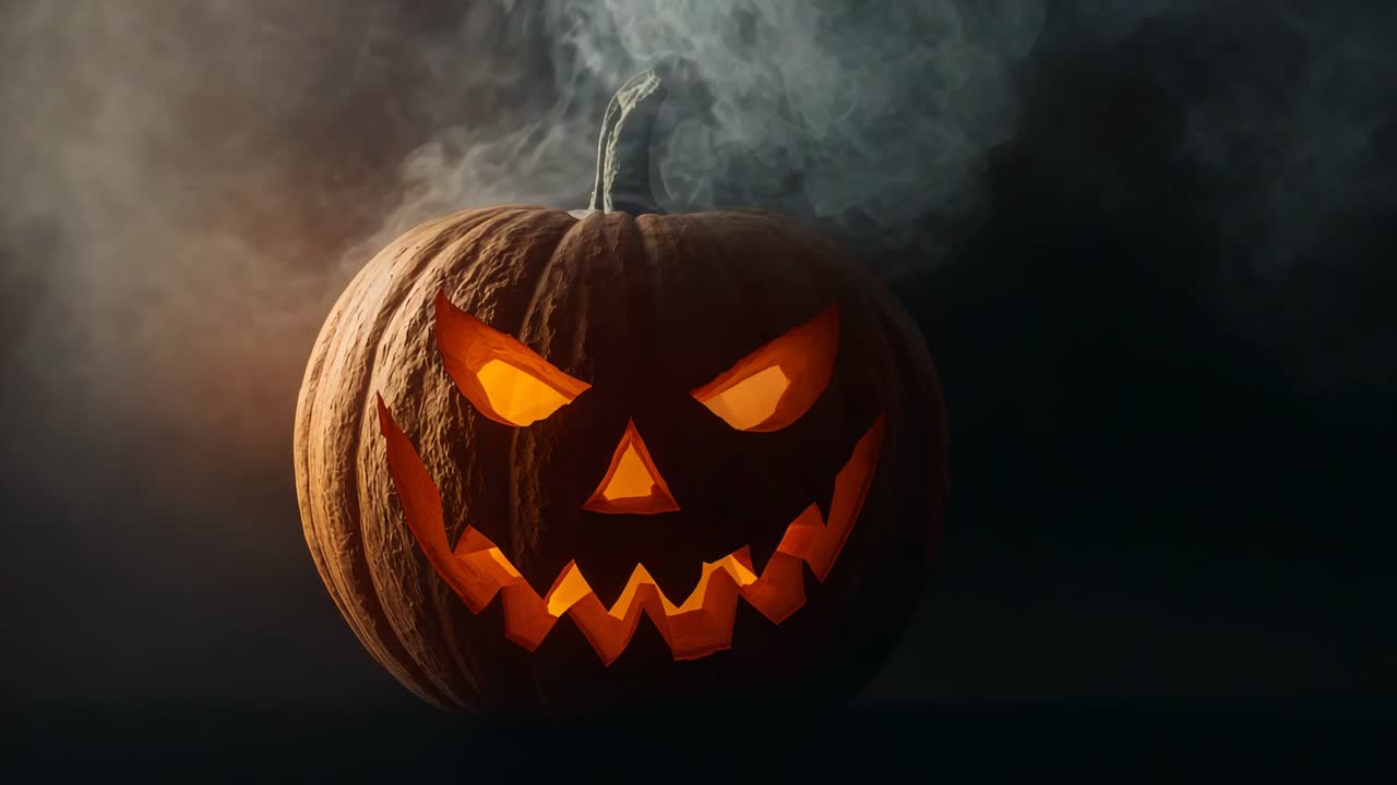 Flickering candle causing carved pumpkin glowing brighter in dark shadows, with smoke drifting