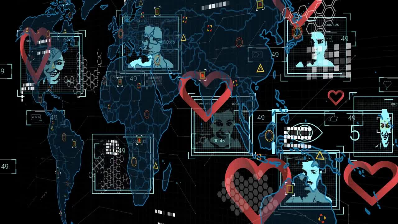 검은색 배경 위의 데이터 처리 및 사람 아이콘의 애니메이션