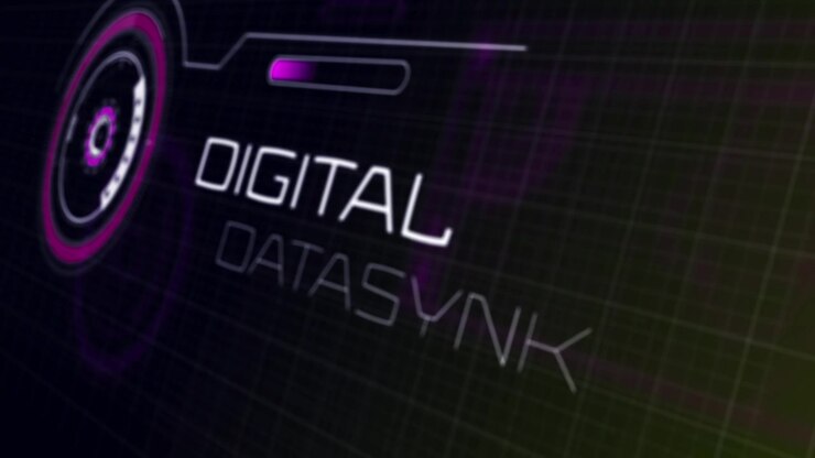 Starting display spinning on screen with magenta bar syncing data and DATASYNC label, copy space