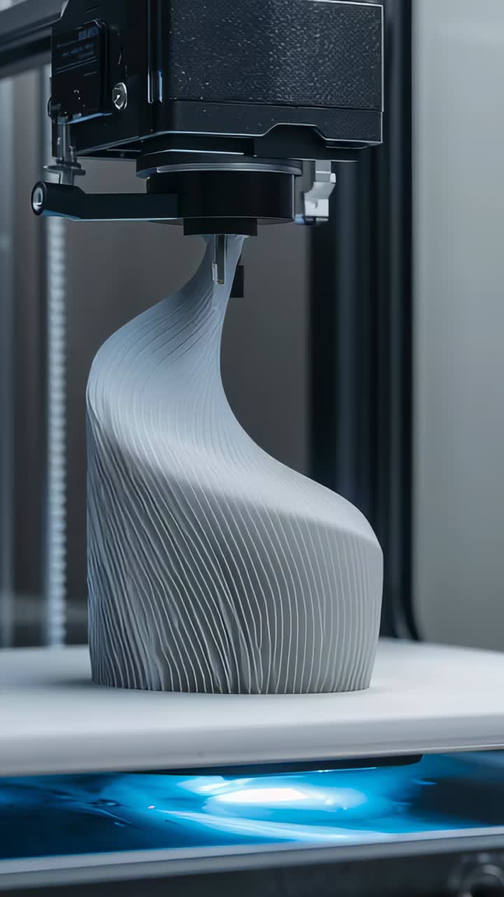 Vertical video: Print job starting, nozzle depositing thin layers onto spiral vase on bed with LEDs