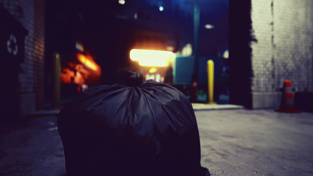 Discarded bag sits on alley floor near urban entrance at night