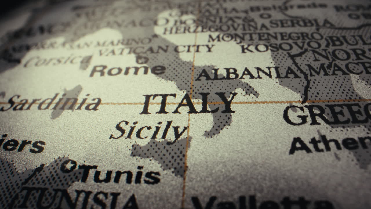 Close-up of a World Map Focusing on Italy and Surrounding Countries