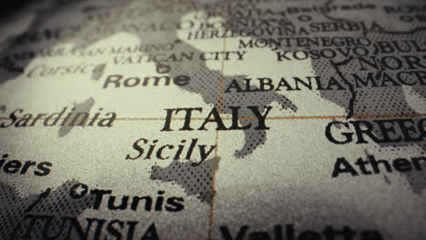 close-up of a world map focusing on italy and surrounding countries