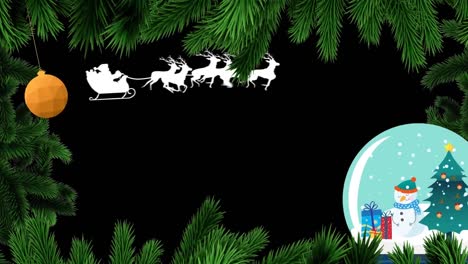 Animation-of-christmas-fir-tree-frame-over-snow-globe-and-santa-sleigh-on-black-background