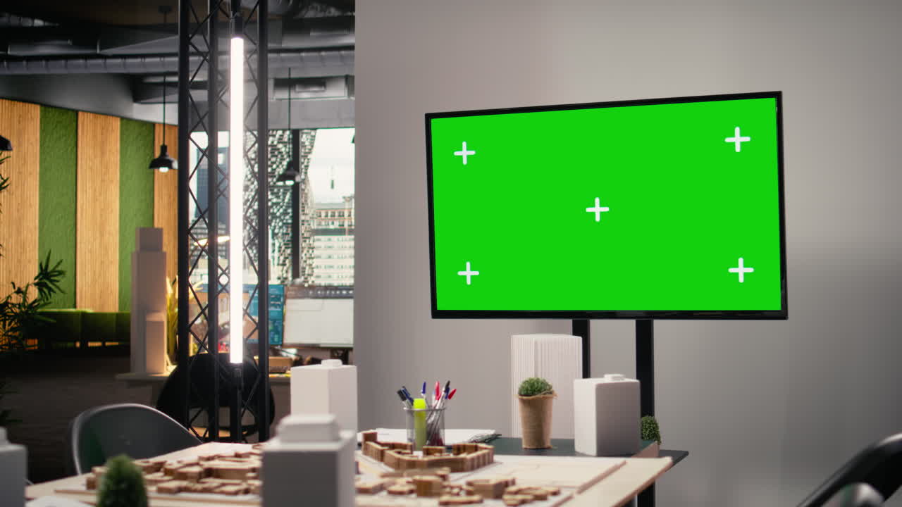 Empty real estate office space with 3D software and chroma key display