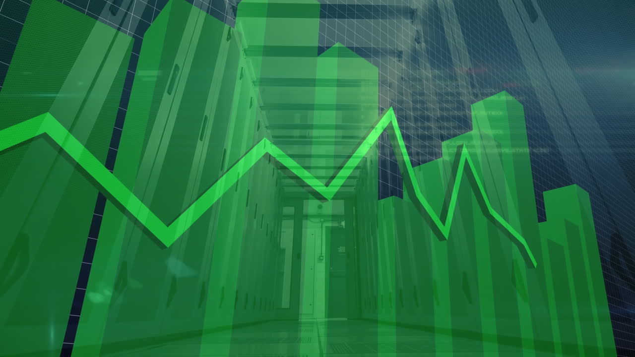 Futuristic data center corridor showing floating translucent green 3D bars and zigzag line graph