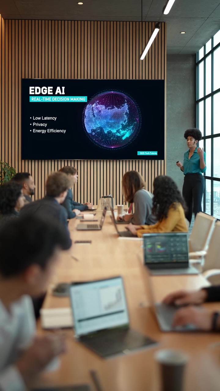 Woman Presenting Edge AI Concepts to Business Team in Modern Conference Room