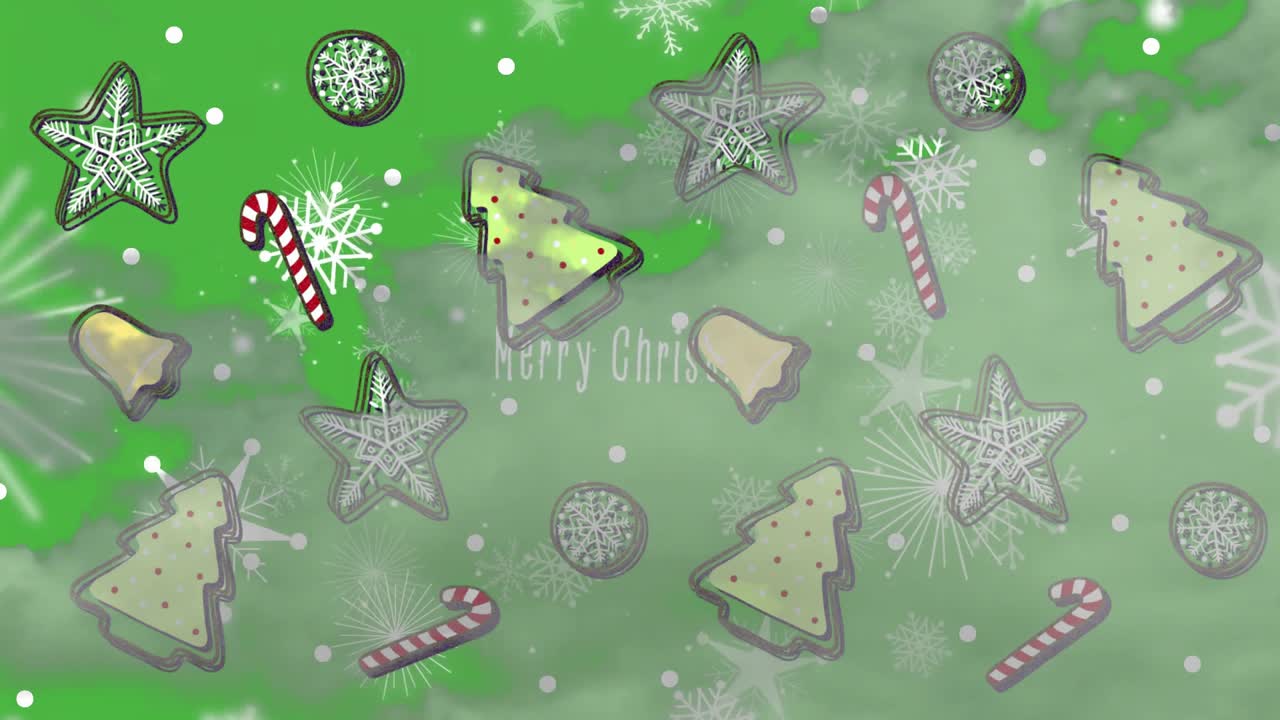 After red wash fading, Christmas icons drifting over animated backdrop, greeting message appearing