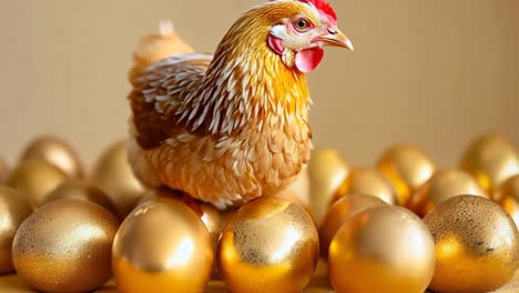 a chicken sitting on top of a pile of gold eggs