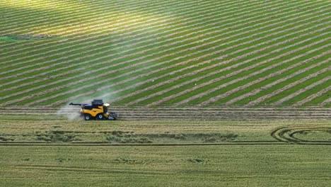 Combine harvester seen from above cutting through lush farmland, crop lines visible