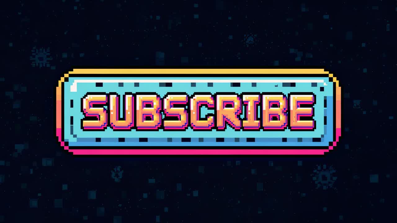 Looping pixel SUBSCRIBE button staying centered while background cycling navy-pink pixels shifting