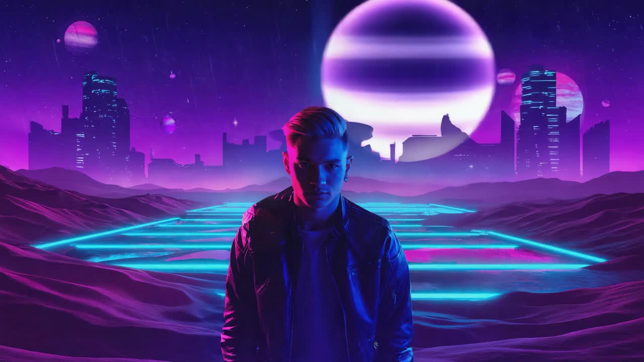 Synthwave man in a retro futuristic cityscape