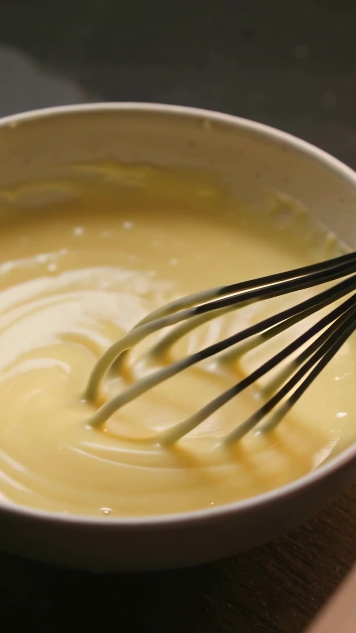 Vertical video: Placing whisk mixing yellow batter in white bowl on dark counter, creating ripples