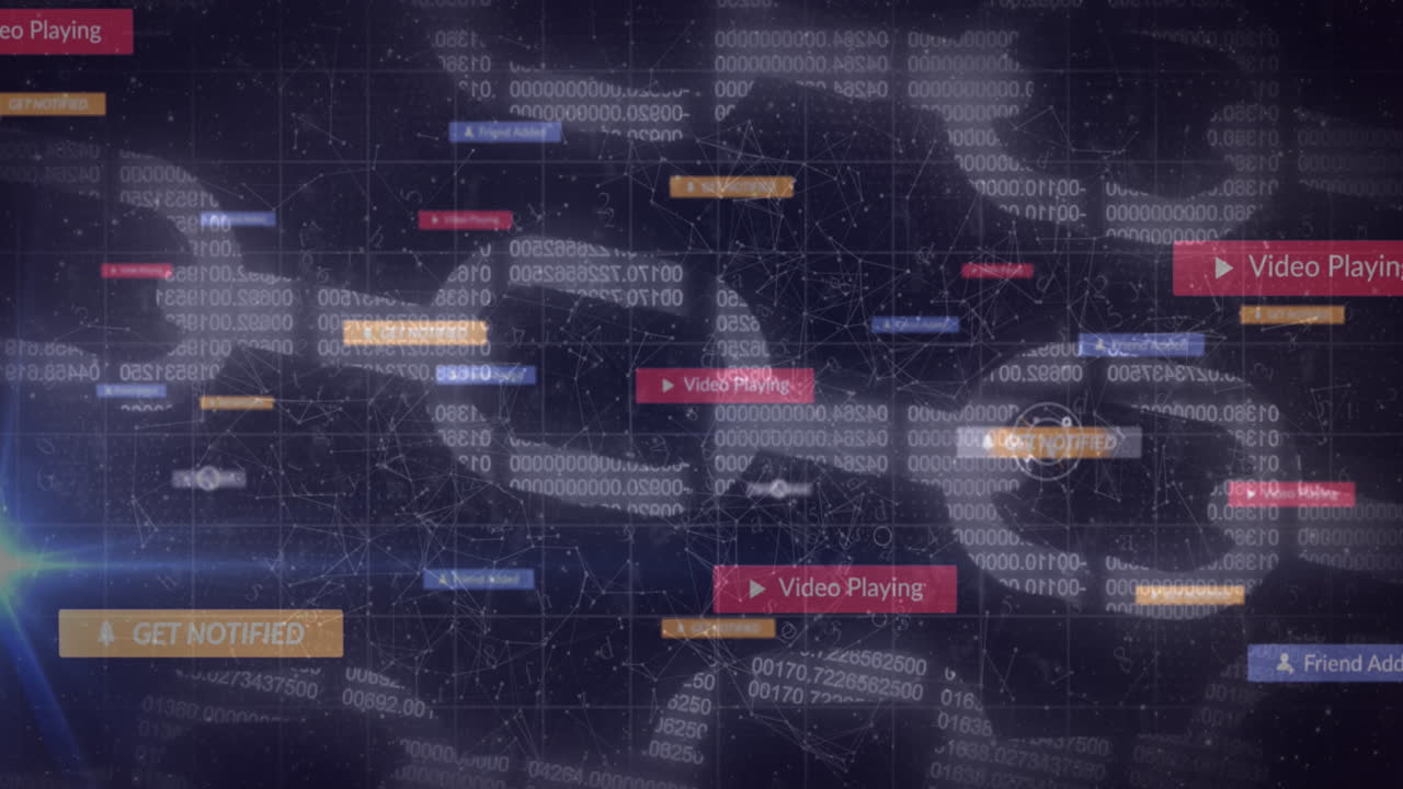 Animation of social media icons on banners over online security chains