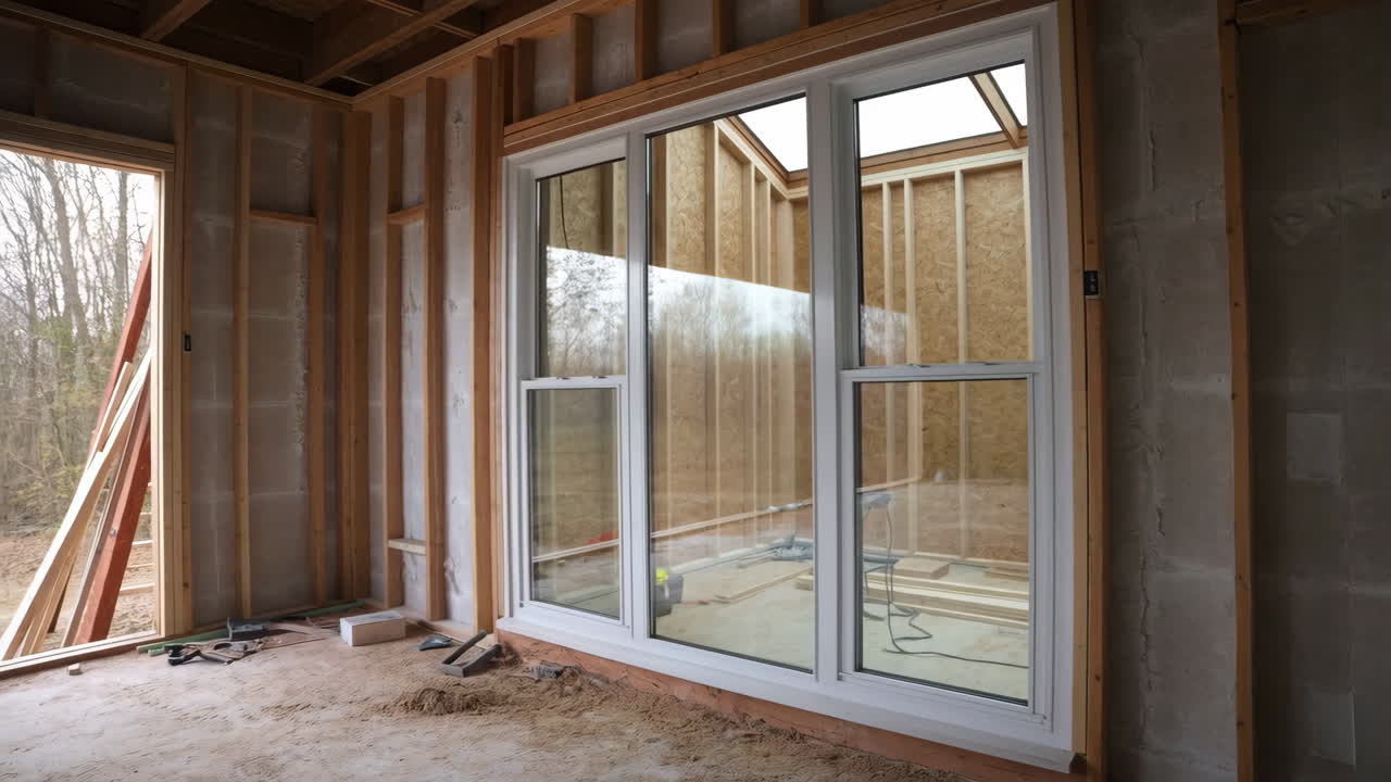 Interior of a House Under Construction with Exposed Wood Framing and New Windows