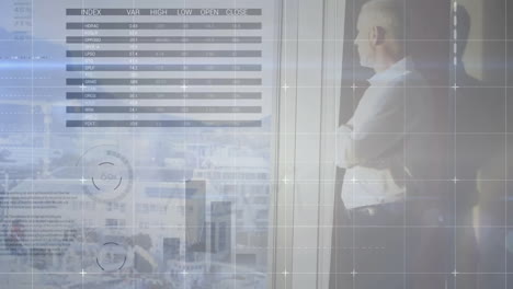 Animation-Der-Datenverarbeitung-Auf-Diagrammen-über-Einem-Kaukasischen-Geschäftsmann,-Der-Aus-Dem-Fenster-Schaut