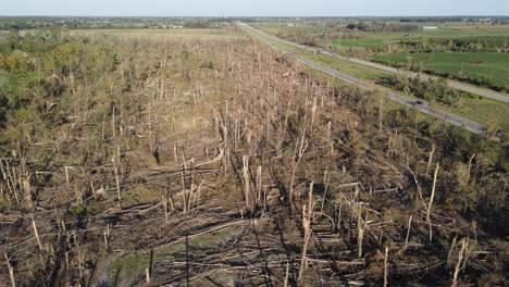 daños de tornado en el paisaje forestal cerca de la autopista i96 en estados unidos, vista aérea