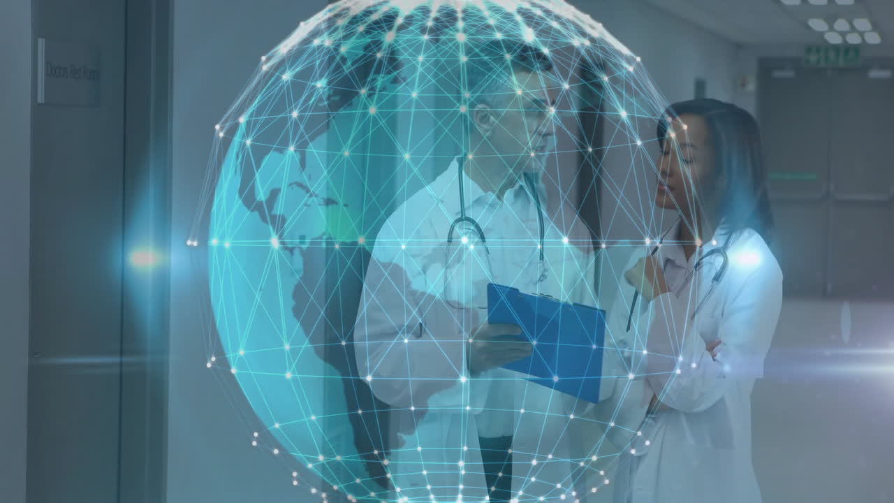 doctors discussing notes in hospital corridor, featuring digital globe network hologram overlay