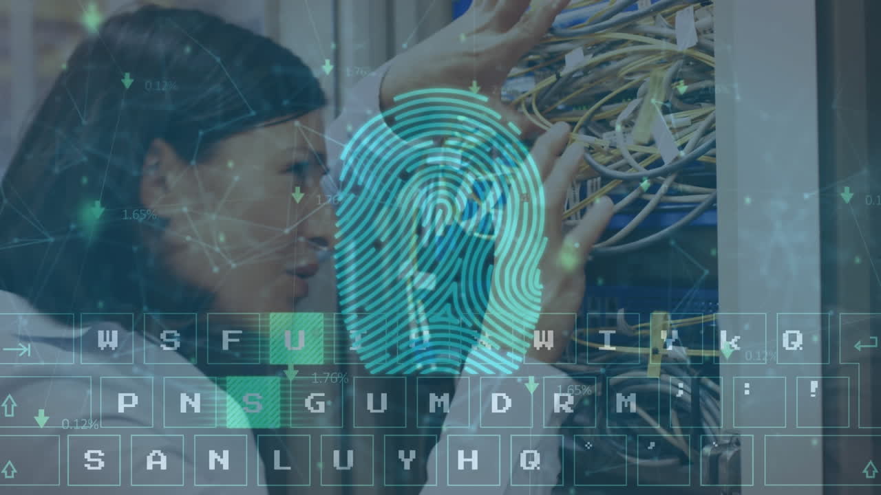 animación de teclado virtual sobre ingeniera caucásica trabajando con cables en la sala de servidores