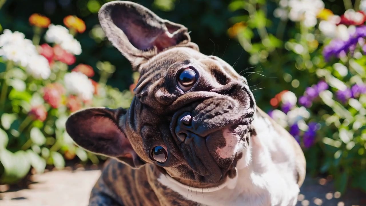 Bulldog Francês Fofo Inclinando a Cabeça em Jardim Ensolarado